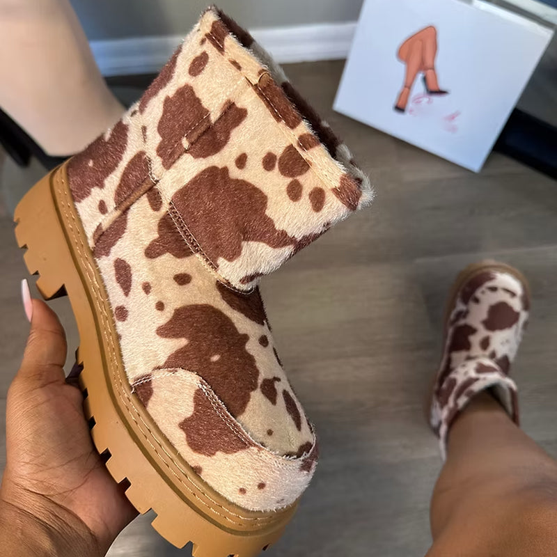 Cozy Cow Print Plush Boots