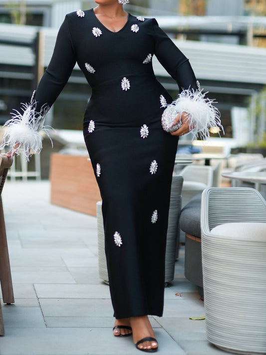 Feather-Trimmed Wrists Gemstone Embellishments Party Dress