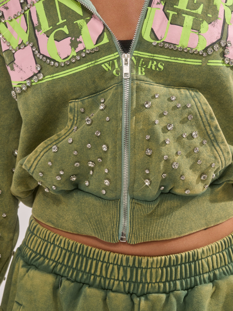 RHINESTONE ZIP UP SWEATSHIRT TWO PIECES SET