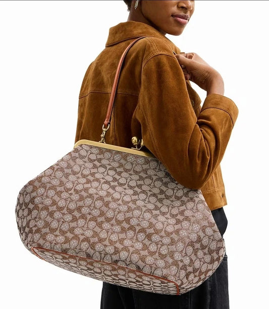 Large Kisslock Crystal Jacquard Shoulder Bag