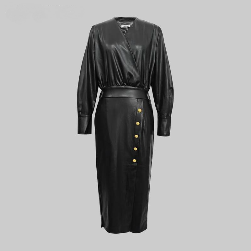 Sophisticated Vegan Leather V-Neck Midi Dress with Gold Button Accents