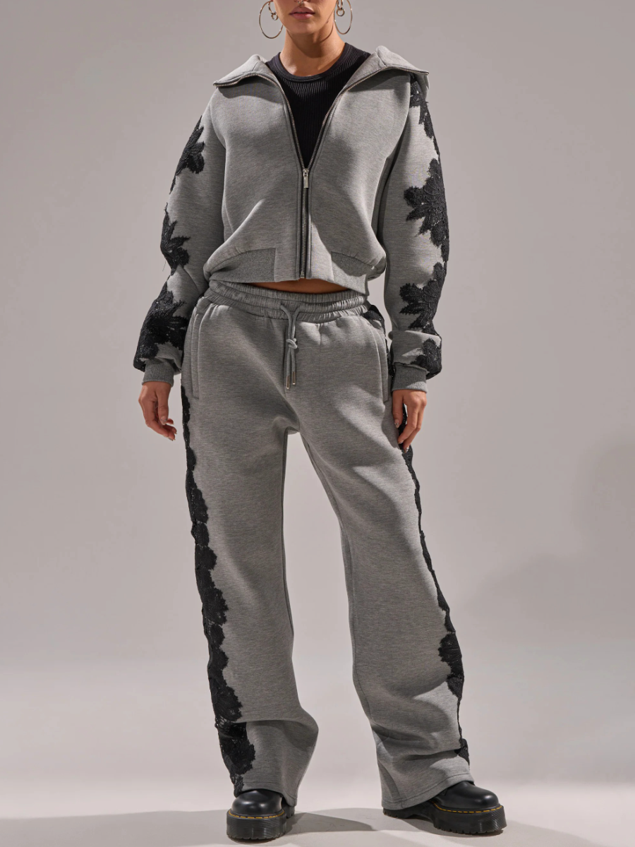 Lace Embroidery Zip Up Sweatshirt