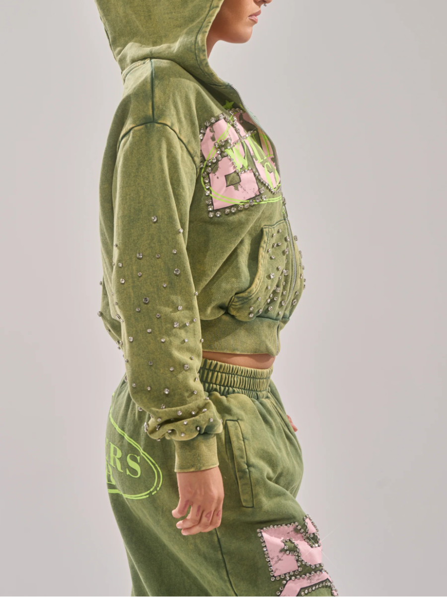 RHINESTONE ZIP UP SWEATSHIRT TWO PIECES SET