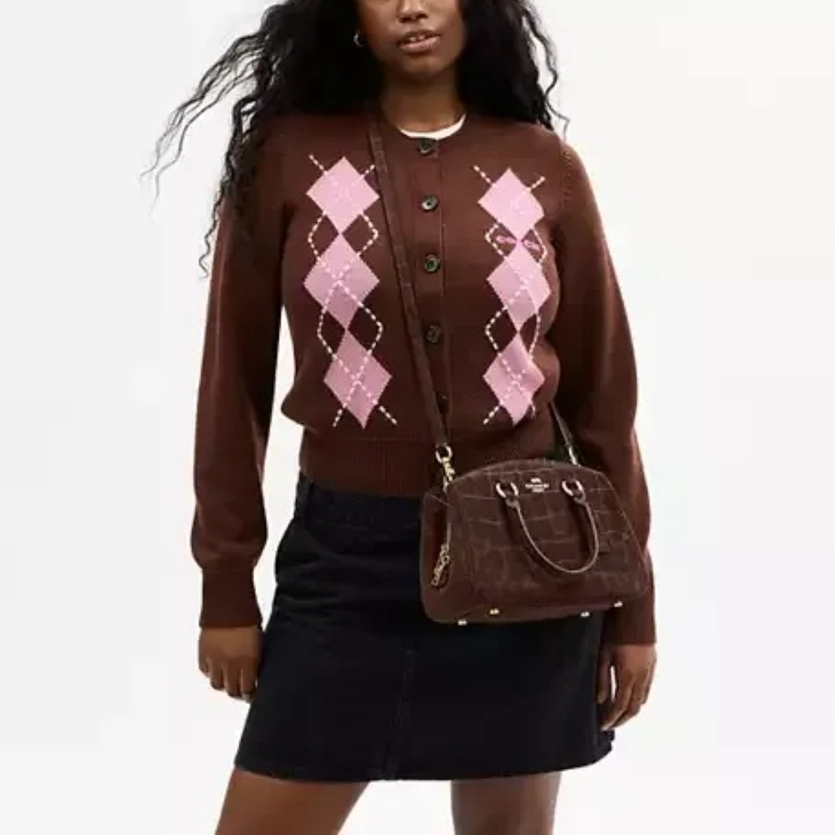 Crocodile-Embossed Suede Shoulder Bag