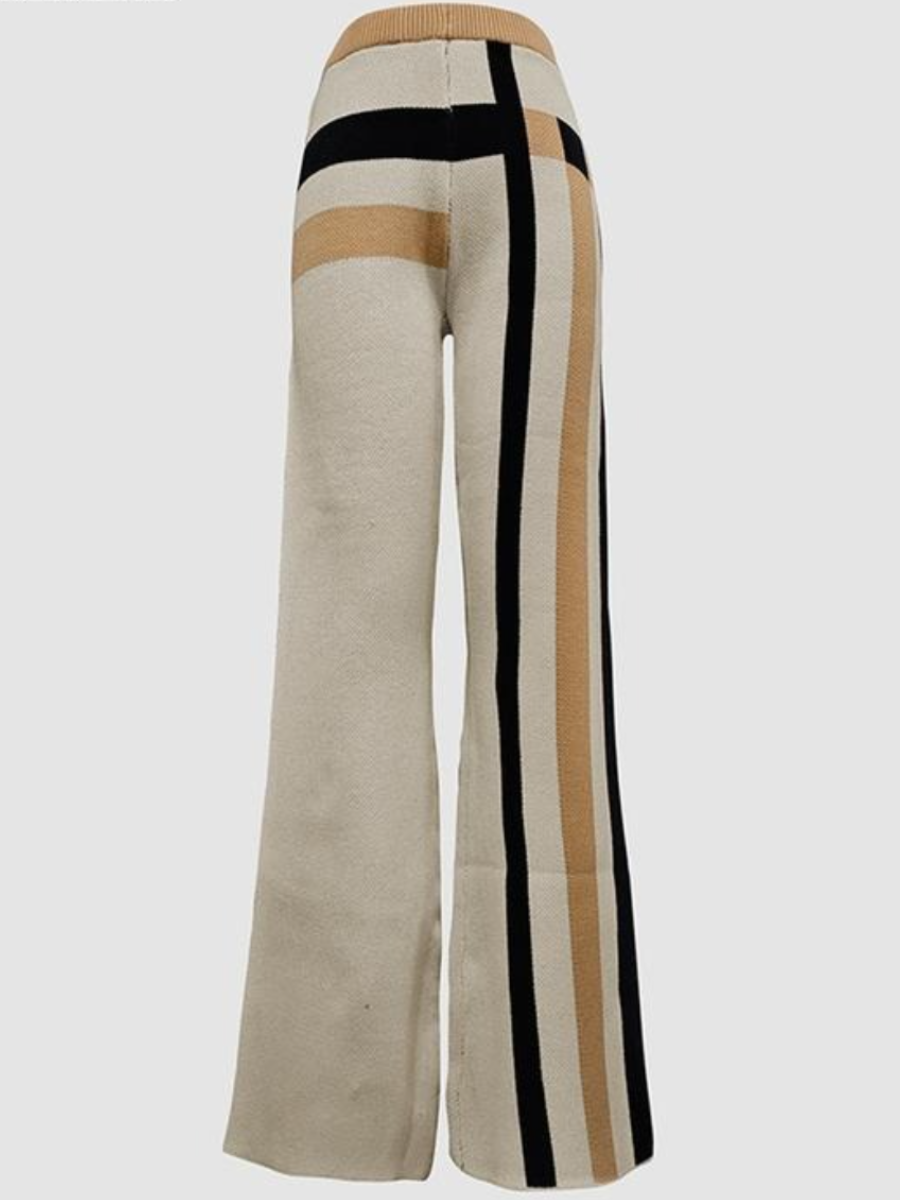 Loose Striped Round-Neck Pullovers Sweater Tops & Loose Wide Leg Striped Casual Pants Set