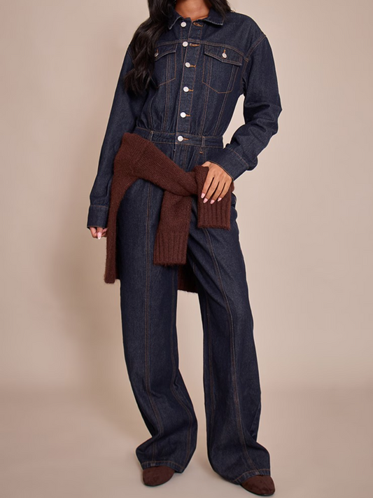 Indigo Contrast Stitch Long Sleeve Denim Jumpsuit