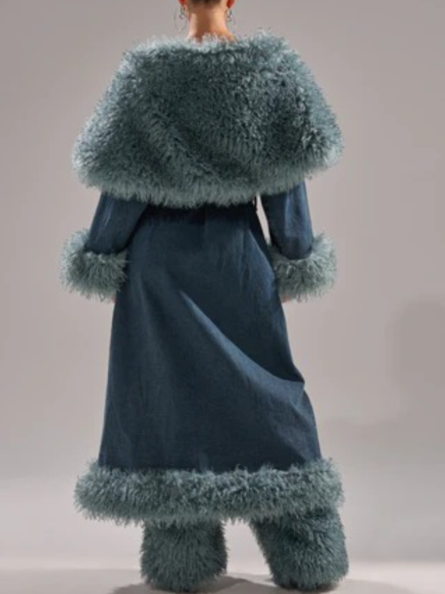 DARK-WASH DENIM FUR TRIM DENIM TRENCH