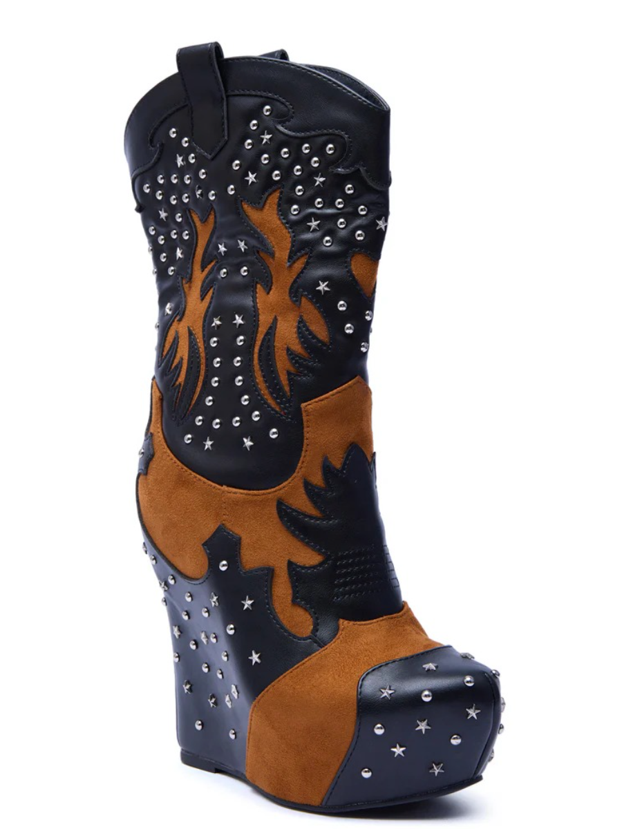 CALLIA BLACK MULTI WESTERN WEDGE BOOTIE