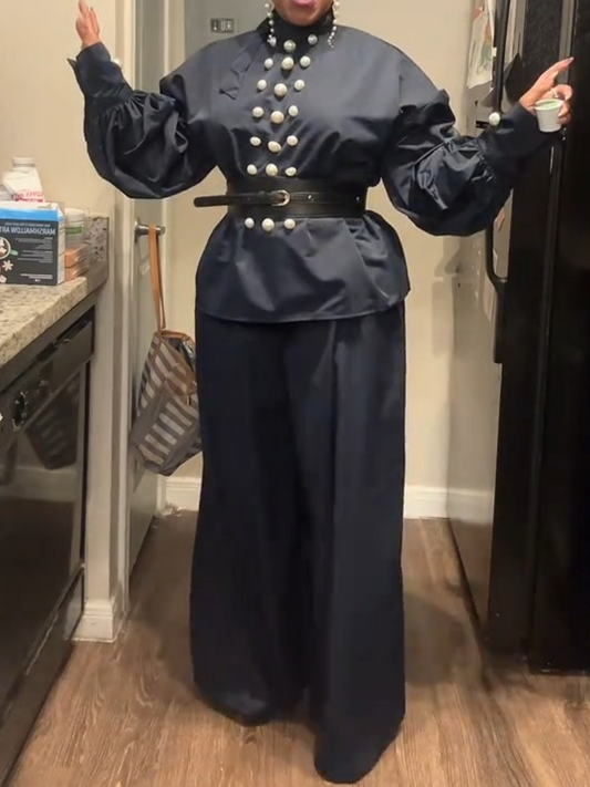 Loose Puff Sleeves High Neck Blouses And Wide Leg Pants Suit