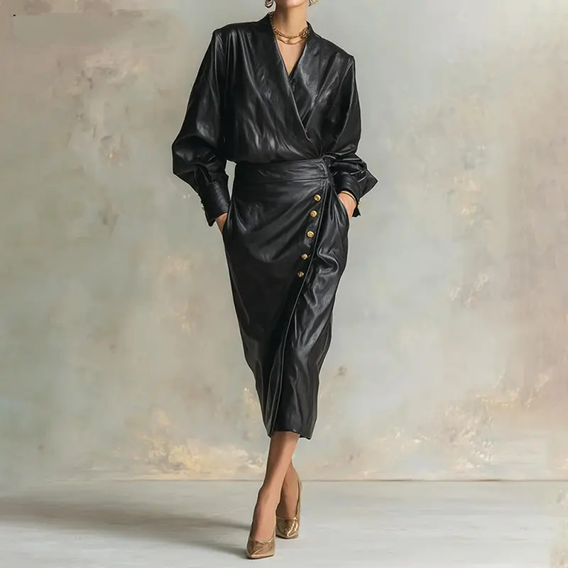 Sophisticated Vegan Leather V-Neck Midi Dress with Gold Button Accents