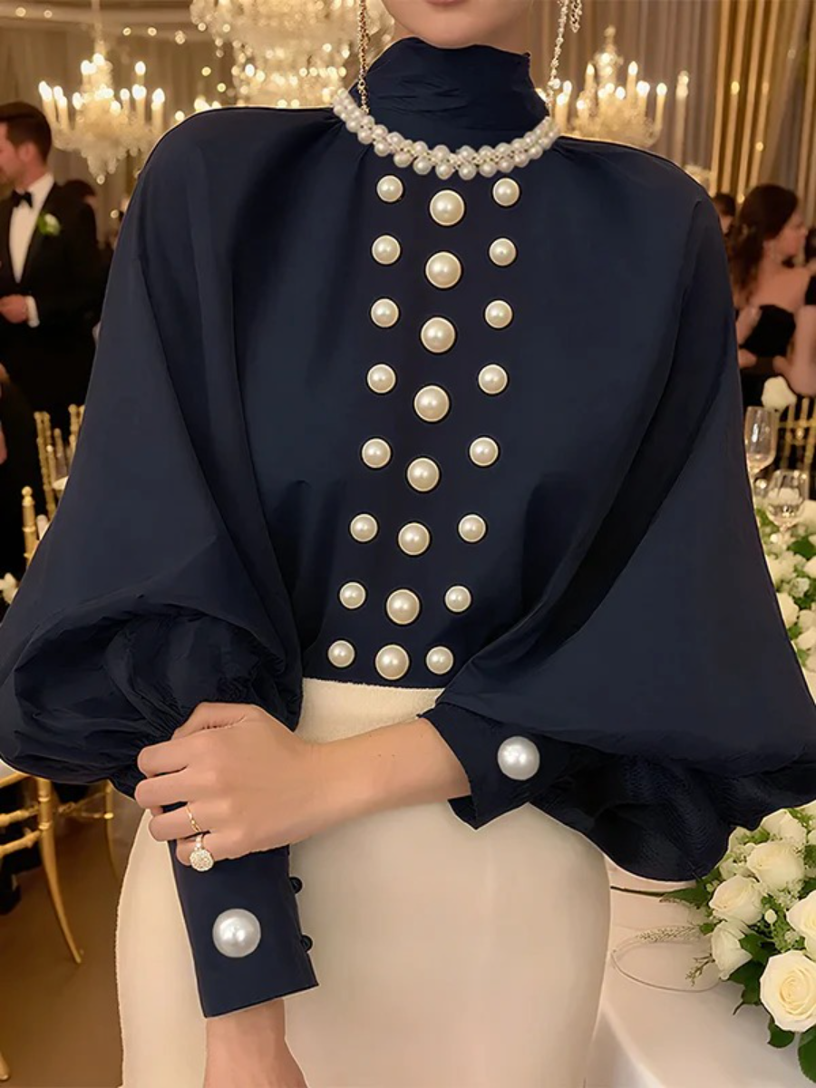 Loose Puff Sleeves High Neck Blouses And Wide Leg Pants Suit