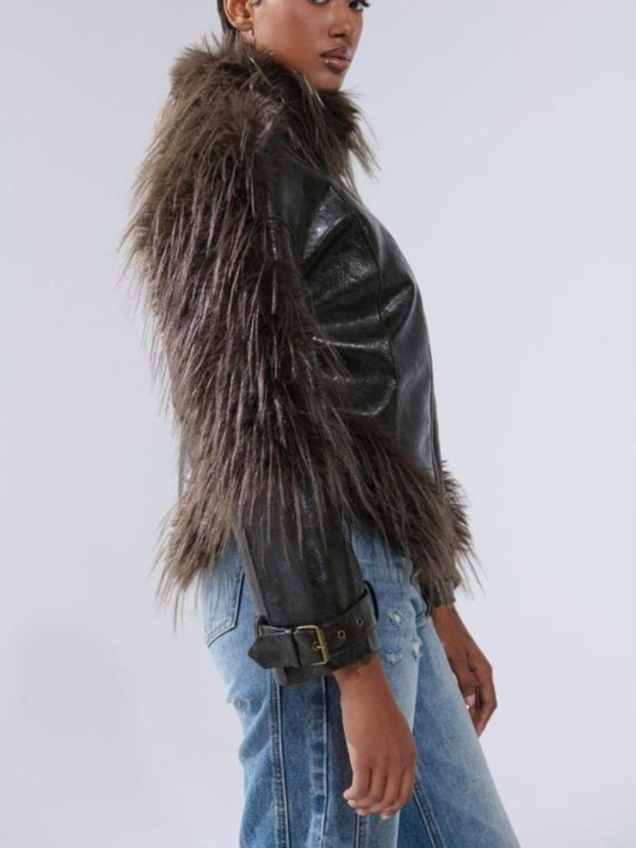 Long-Hair Faux Fur Trim Moto