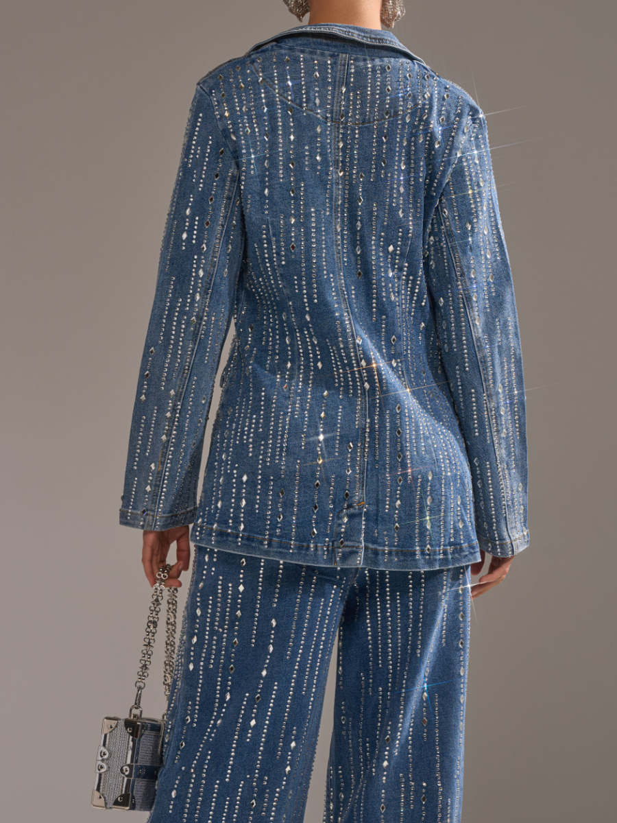 NEVER QUIT RHINESTONE DENIM BLAZER SUIT
