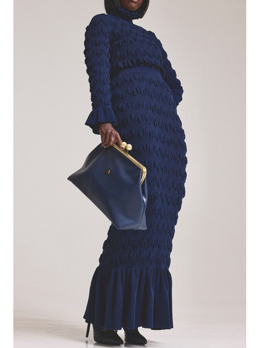 Pleated Navy Knitted Skirt Suit