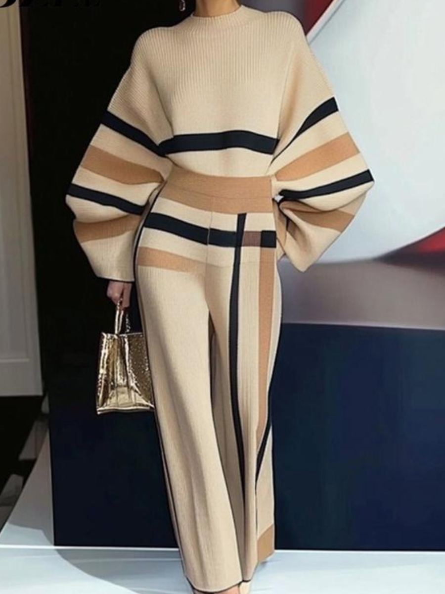 Loose Striped Round-Neck Pullovers Sweater Tops & Loose Wide Leg Striped Casual Pants Set