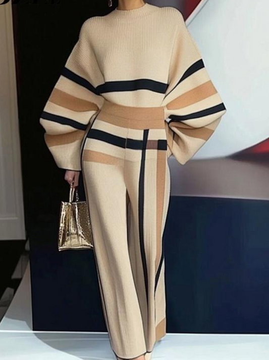 Loose Striped Round-Neck Pullovers Sweater Tops & Loose Wide Leg Striped Casual Pants Set