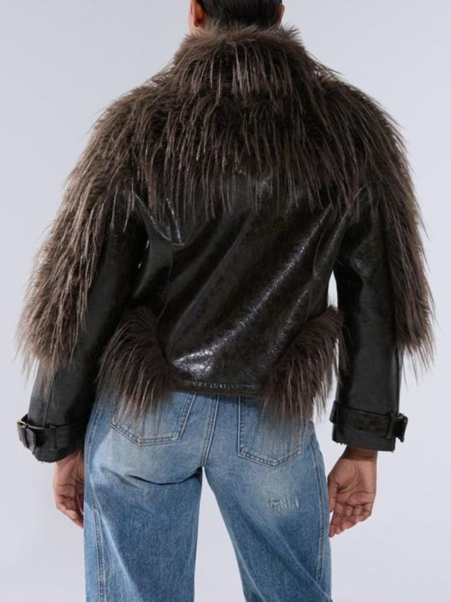 Long-Hair Faux Fur Trim Moto