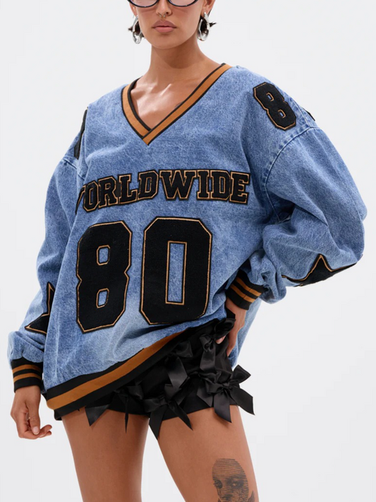 OVERSIZED ALL AROUND THE WORLD DENIM SWEATSHIRT