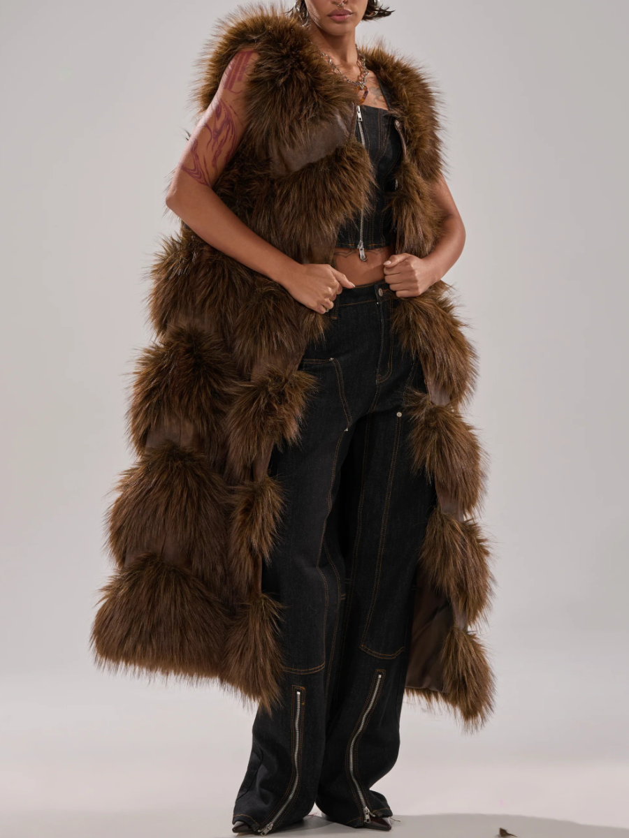 DARK BROWN PANELED FUR VEST