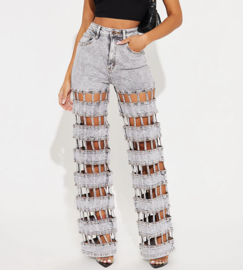 Hole Cut-Out High-Waist Straight Jeans
