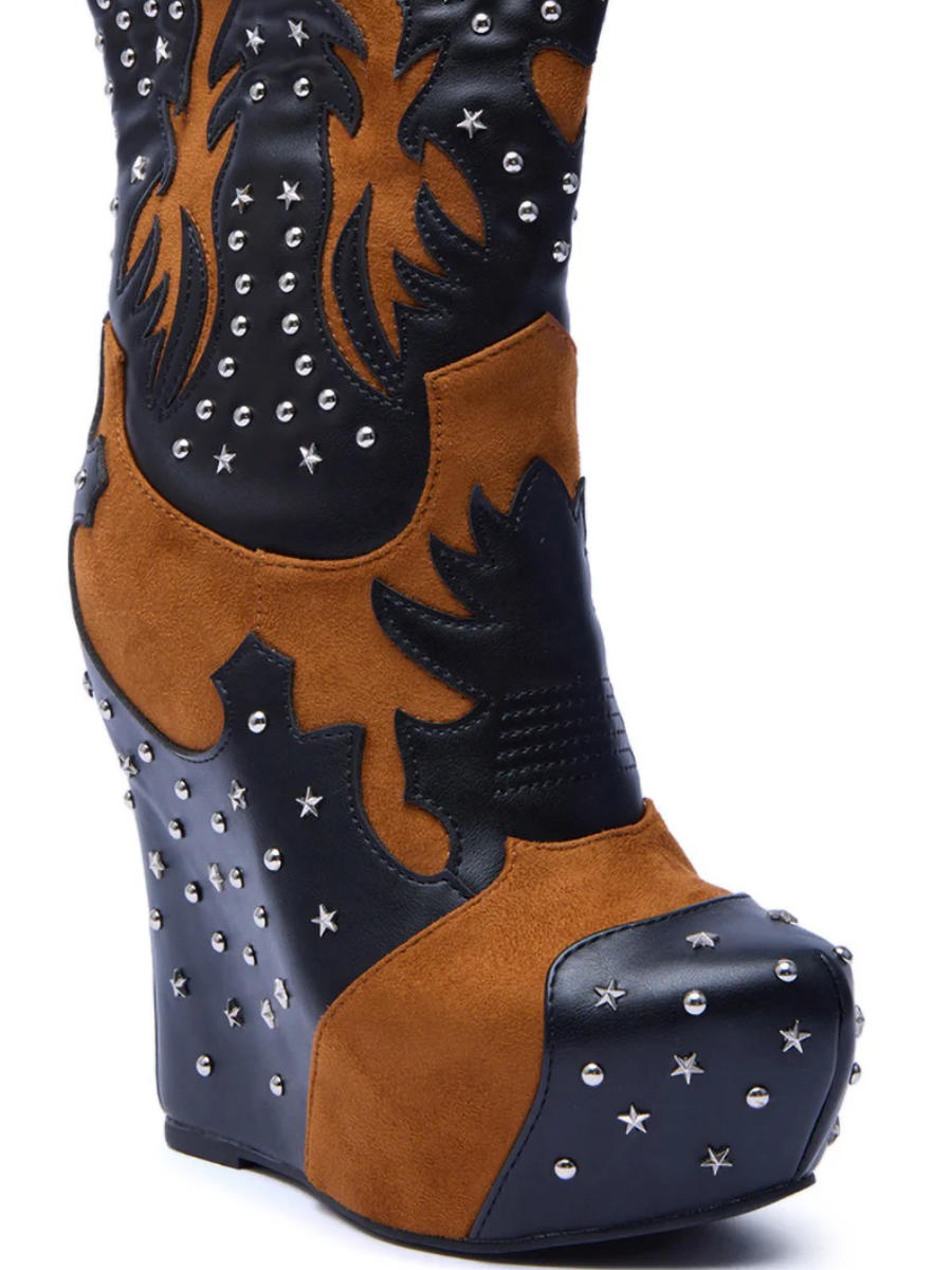 CALLIA BLACK MULTI WESTERN WEDGE BOOTIE