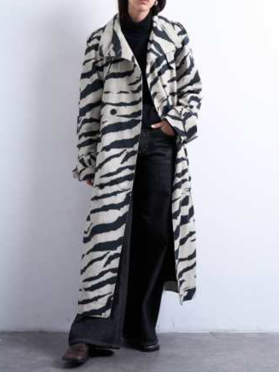Zebra Print Funnel Neck Trench Coat