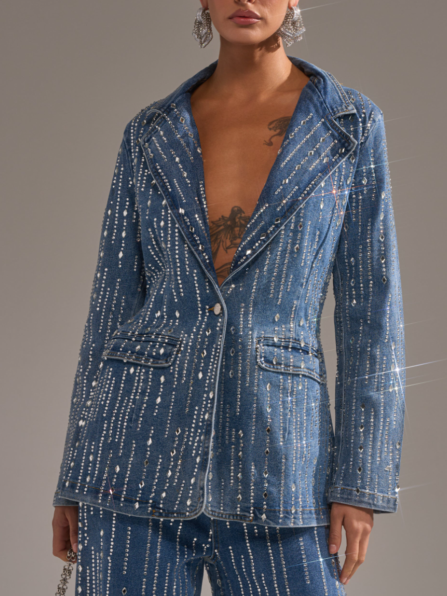 NEVER QUIT RHINESTONE DENIM BLAZER SUIT