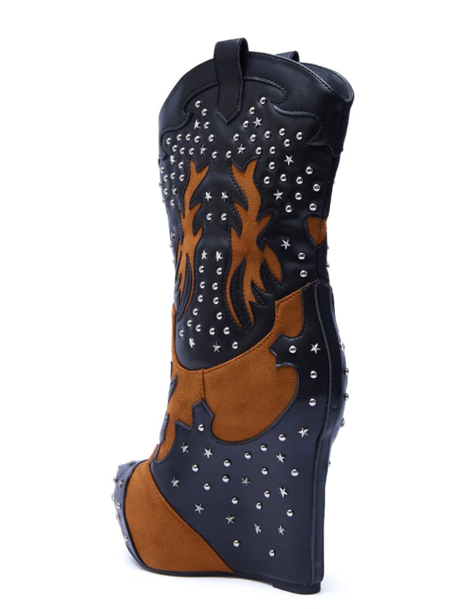 CALLIA BLACK MULTI WESTERN WEDGE BOOTIE