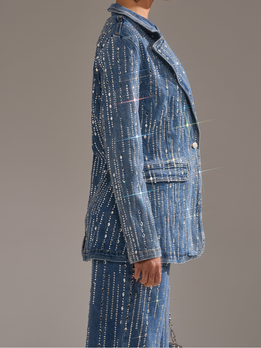NEVER QUIT RHINESTONE DENIM BLAZER SUIT