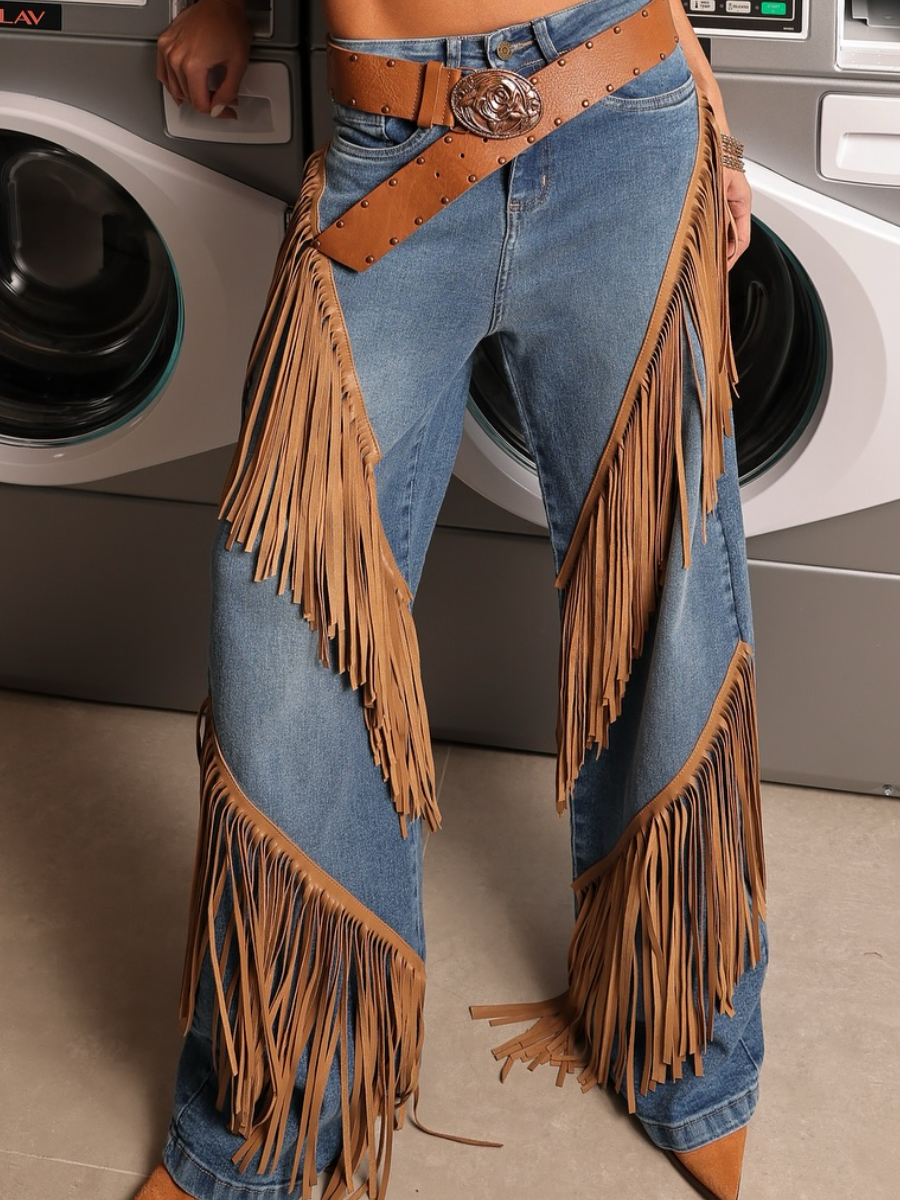 Hot Sale Western Denim Fringed Jeans