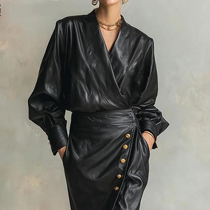 Sophisticated Vegan Leather V-Neck Midi Dress with Gold Button Accents