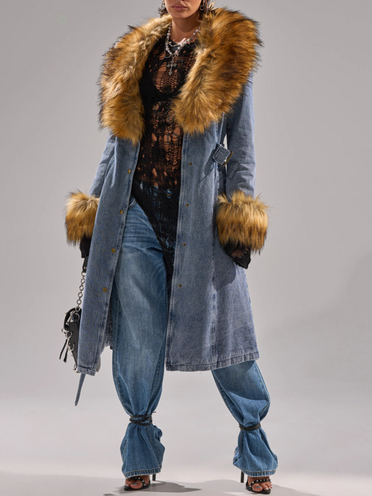 WINTER FUR TRIM DENIM TRENCH