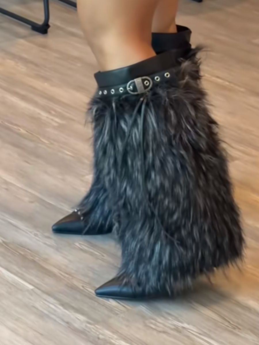 Faux Fur Buckled Pointed Toe Boots
