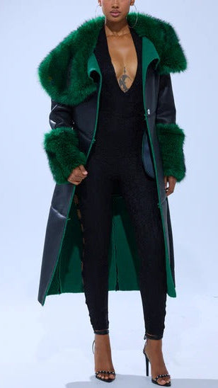 DARK-WASH DENIM FUR TRIM DENIM TRENCH