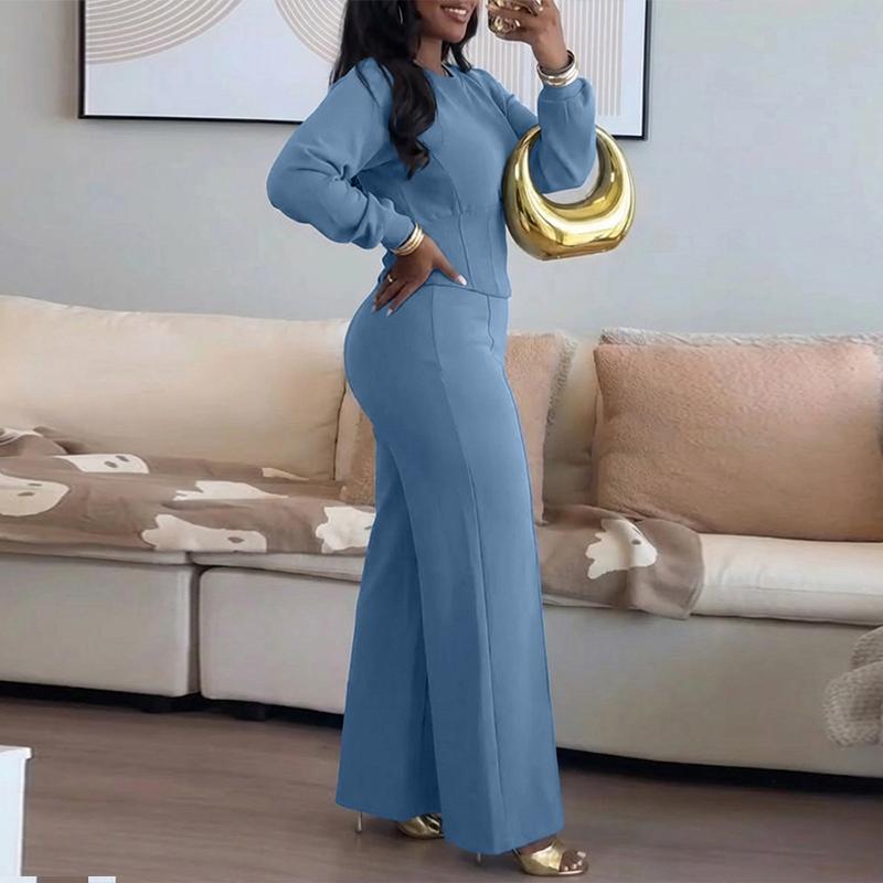 Women's O-neck Long Sleeve Sweatshirt And Elastic Waist Wide Leg Pants Set