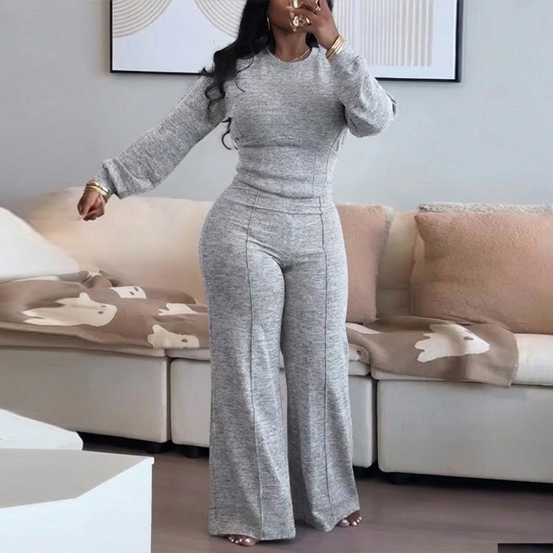 Women's O-neck Long Sleeve Sweatshirt And Elastic Waist Wide Leg Pants Set