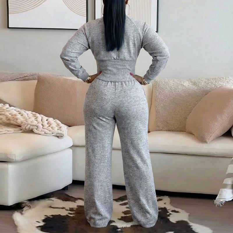 Women's O-neck Long Sleeve Sweatshirt And Elastic Waist Wide Leg Pants Set