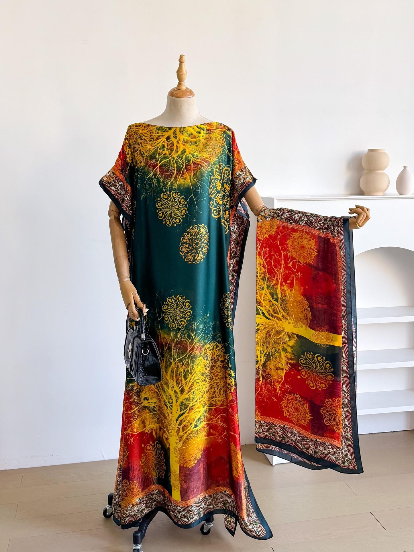 Comfy Colorblock Print Long Scarf & Poncho Set