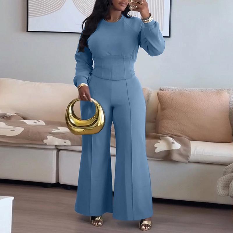 Women's O-neck Long Sleeve Sweatshirt And Elastic Waist Wide Leg Pants Set