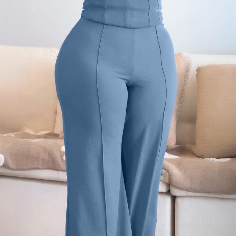Women's O-neck Long Sleeve Sweatshirt And Elastic Waist Wide Leg Pants Set