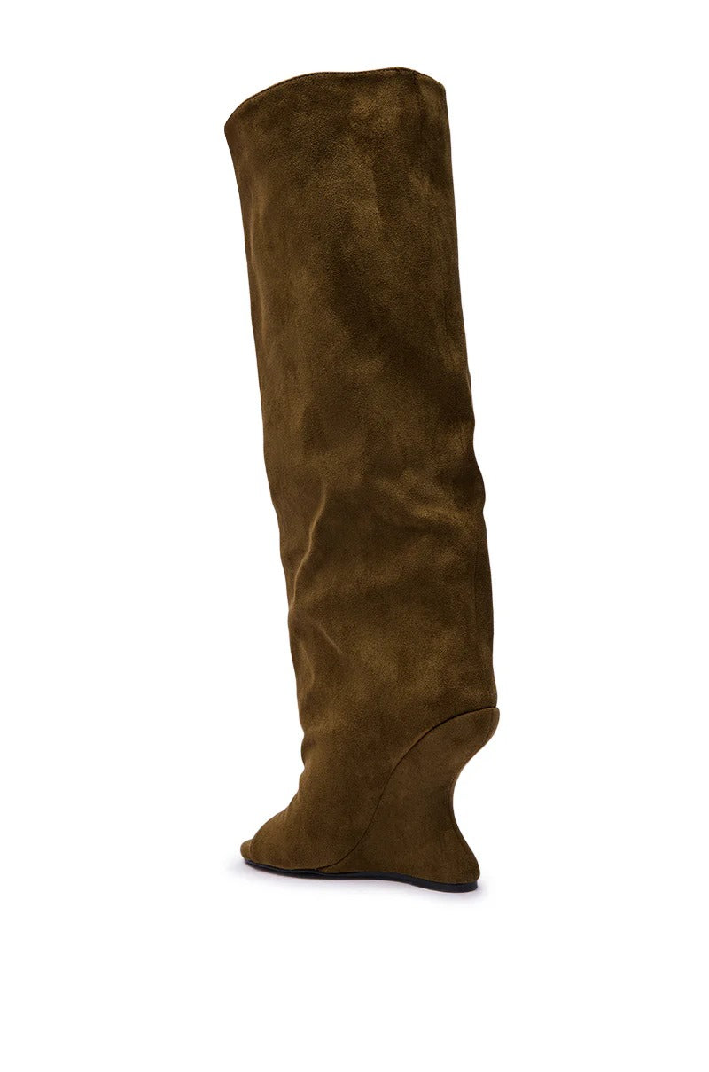 VINCENT OLIVE FAUX SUDED OPEN TOE WEDGE BOOT