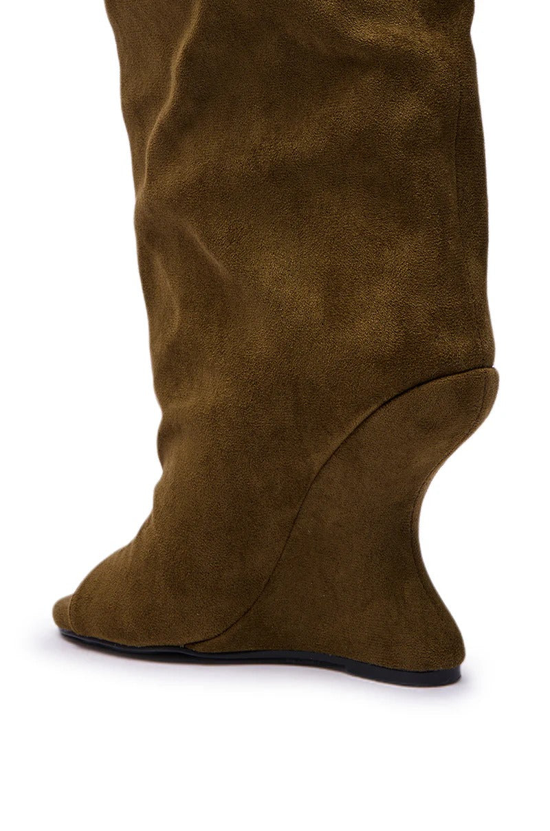 VINCENT OLIVE FAUX SUDED OPEN TOE WEDGE BOOT