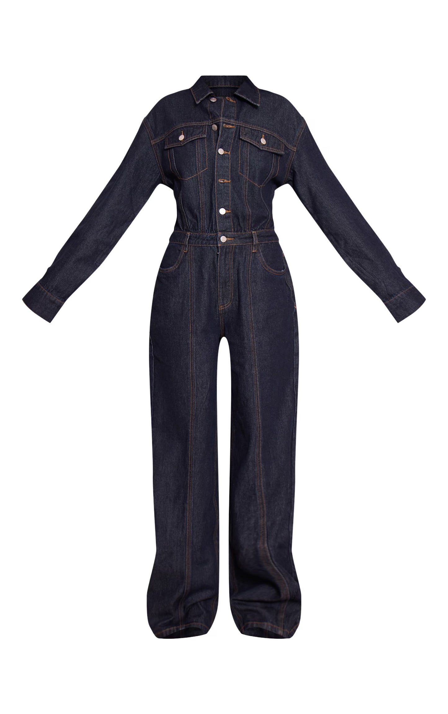 Indigo Contrast Stitch Long Sleeve Denim Jumpsuit