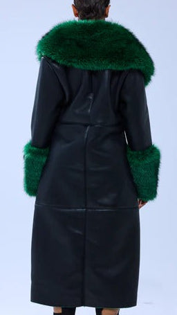 DARK-WASH DENIM FUR TRIM DENIM TRENCH