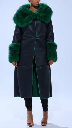 DARK-WASH DENIM FUR TRIM DENIM TRENCH