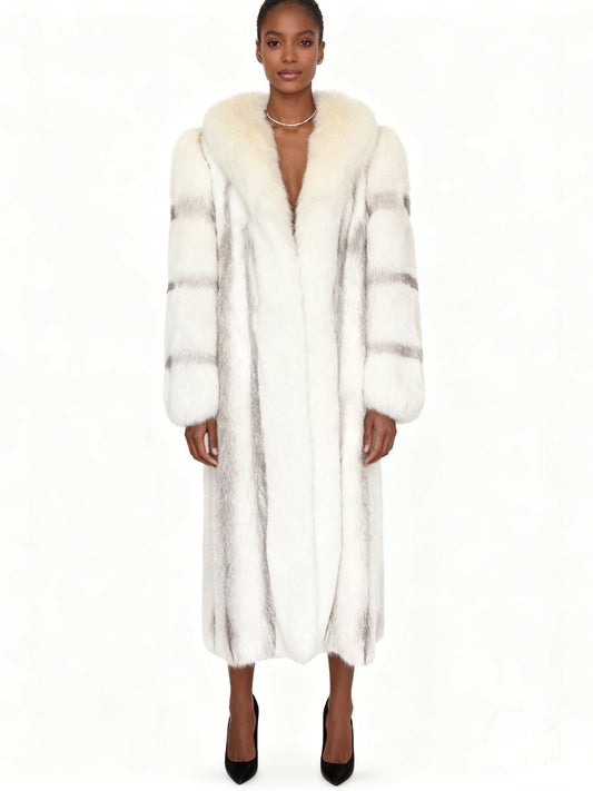 White & Silver Striped Long Fox Fur Coat | US Free Shipping